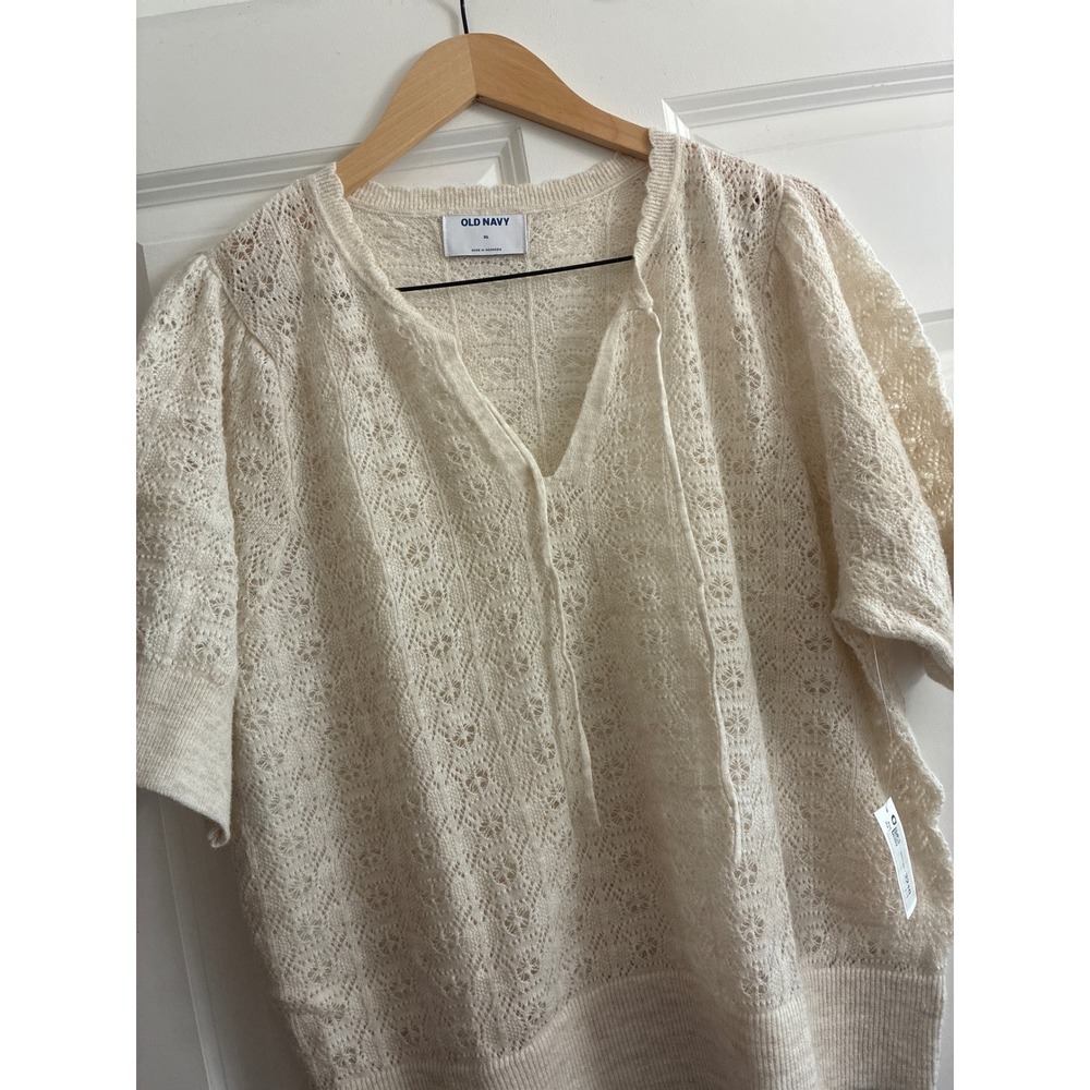 NWT Old Navy Womens XL Pointelle Knit Tie Neck Sweater Short Sleeve Cream